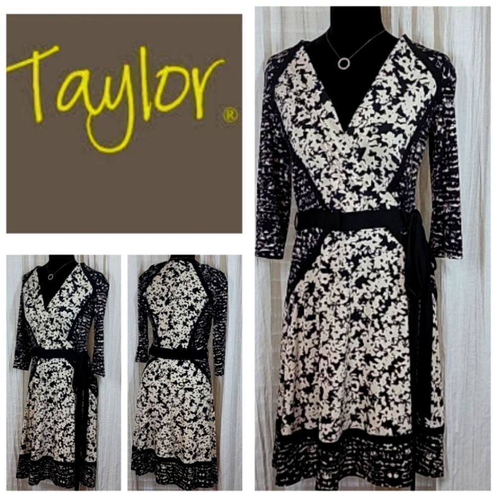 Taylor Black & Cream Floral Printed 3.4" Sleeve Dress
